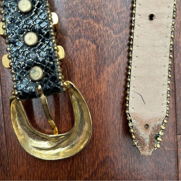 Simons Black Snakeskin Pattern, Gold Glitter Leather Belt, Gold Buckle Size XS/S main image 6